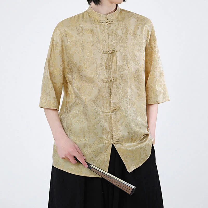 Buddha Stones Summer Frog-Button Half Sleeve Vine Leaf Flower Pattern Men's Shirt