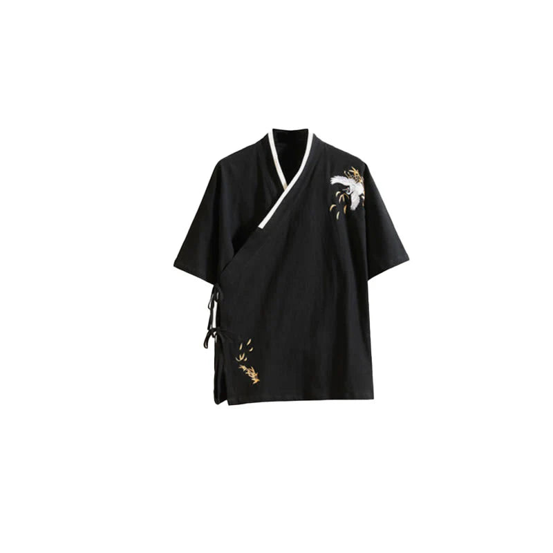 Buddha Stones Tang Suit Embroided Crane Pattern Lace-Up Side Men's Cotton Linen Short Sleeve T-Shirt