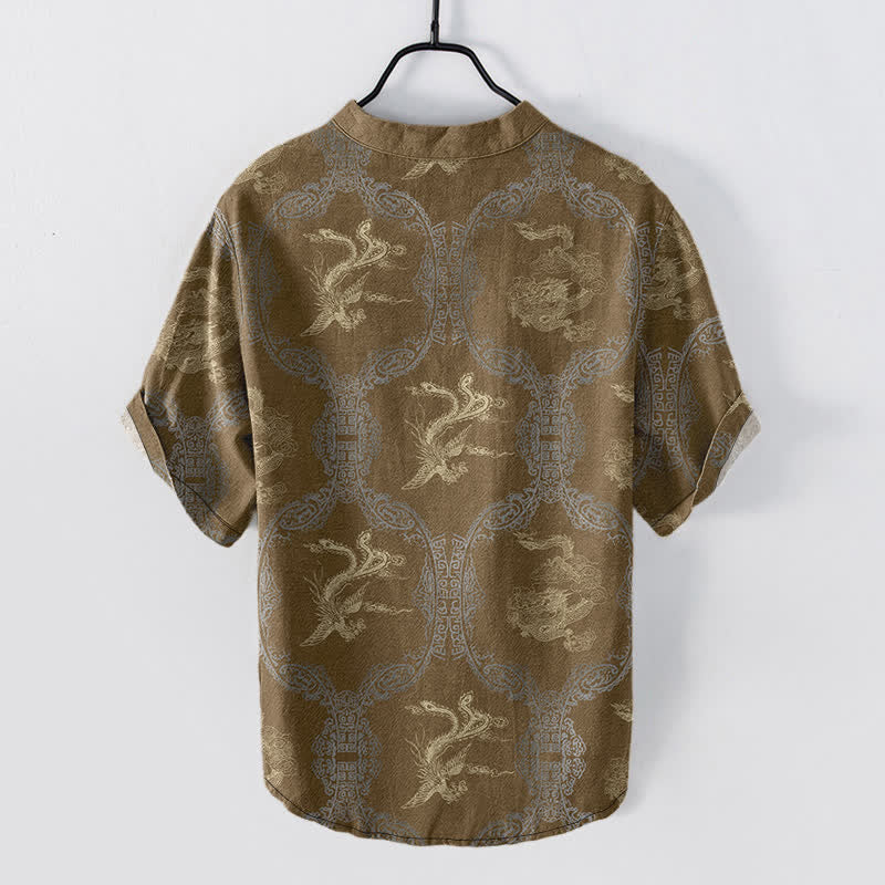 Buddha Stones Cotton Dragon Phoenix Emblem Men's Short Sleeve Half Button Shirt
