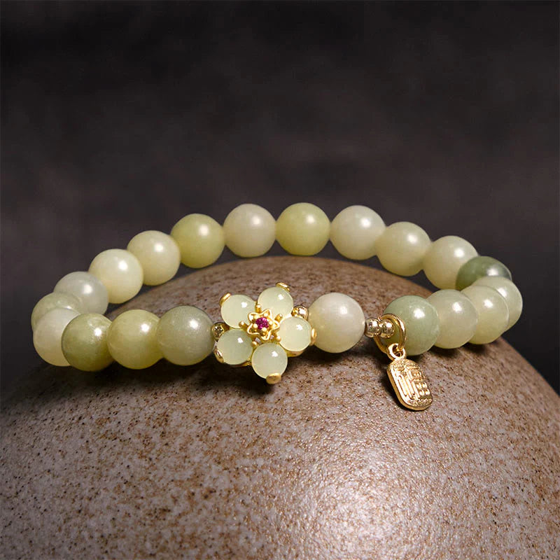 Buddha Stones Green Jade Flower Fu Character Charm Luck Bracelet