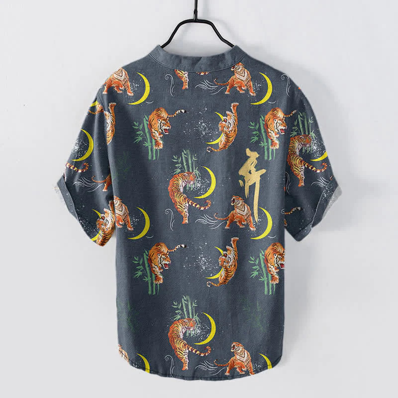 Buddha Stones Tiger Moon Bamboo Men's Short Sleeve Resort Shirt