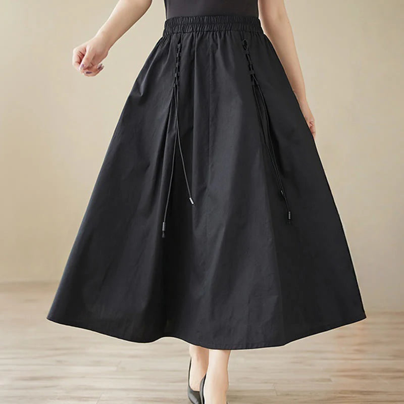 Buddha Stones Summer Casual Pure Color Pleated Design Women's Cotton Skirt