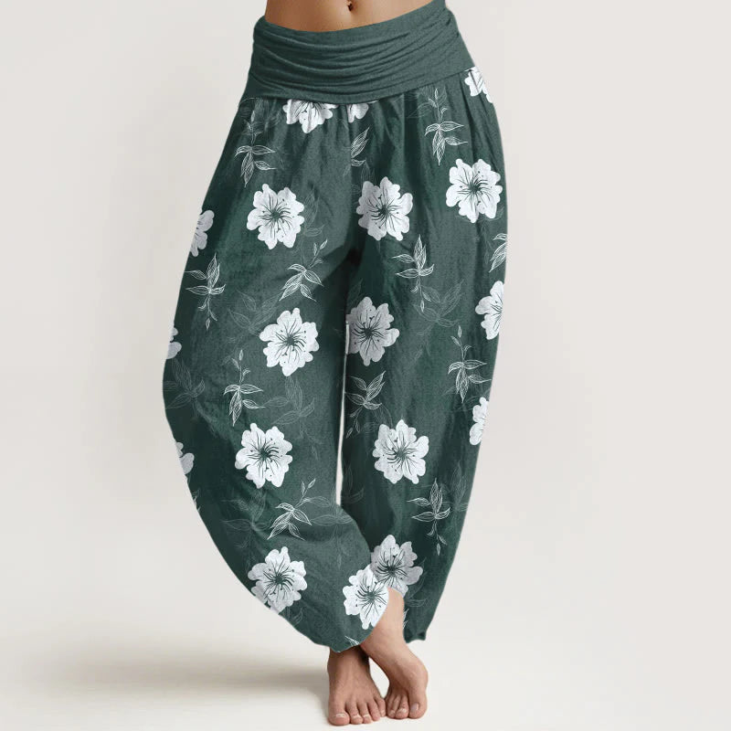 Buddha Stones Pure Cotton White Flowers Grass Women's Elastic Waist Harem Pants