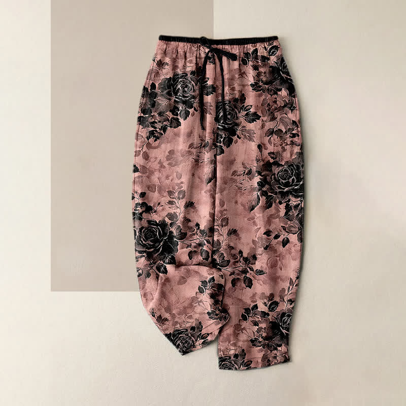 Buddha Stones Pure Cotton Rose Pattern Elastic Waist Drawstring Women's Pants With Pockets