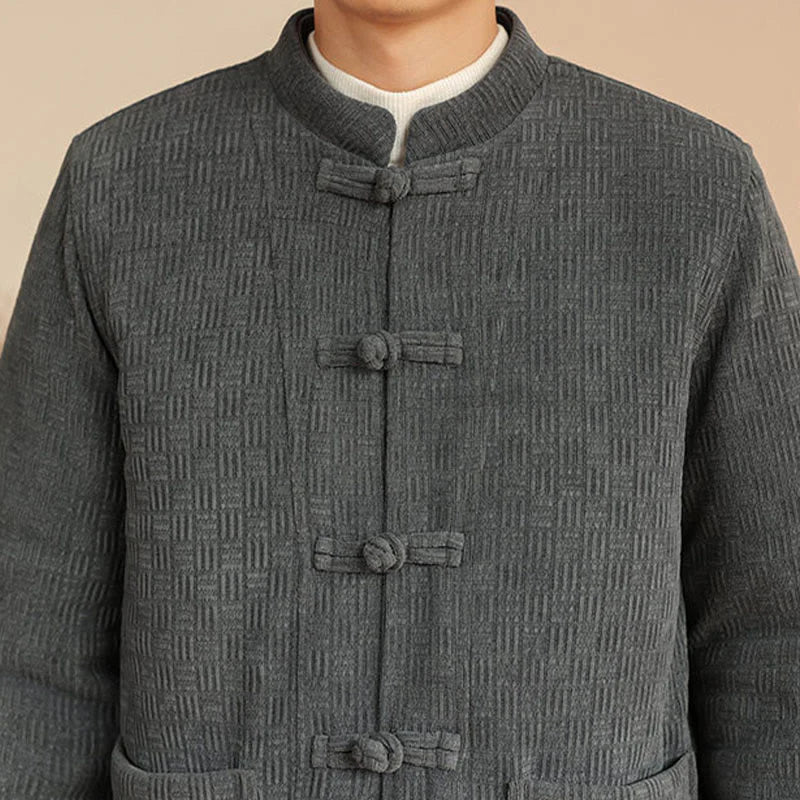 Buddha Stones 2Pcs Winter Solid Men's Tang Suit Frog-Button Cotton Long Sleeve Jacket Pants Set With Pockets