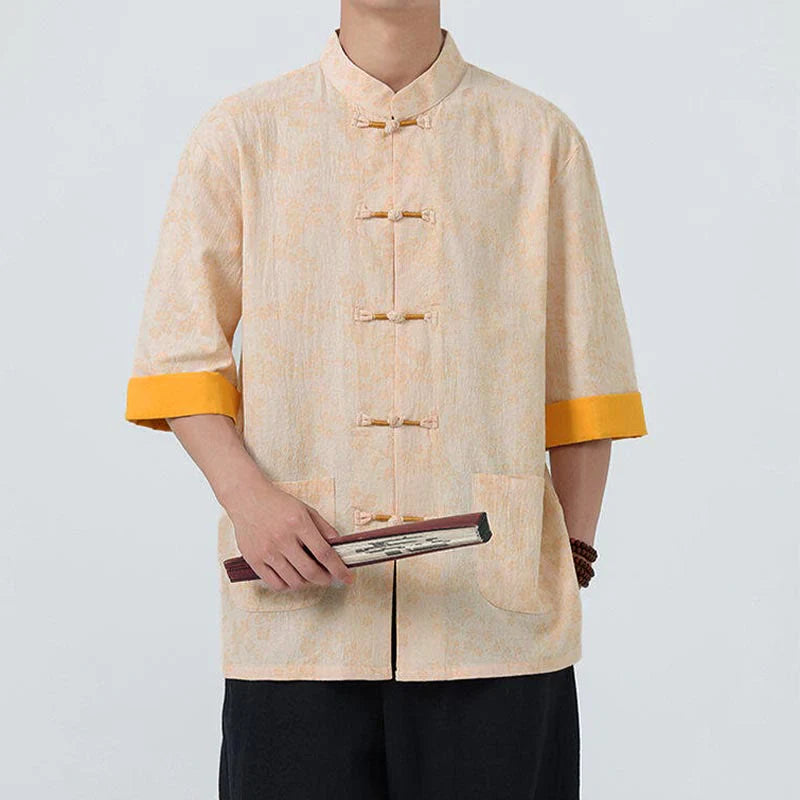 Buddha Stones Summer Peach Blossoms Pattern Chinese Frog-Button Cotton Linen Short Sleeve Men's Shirt