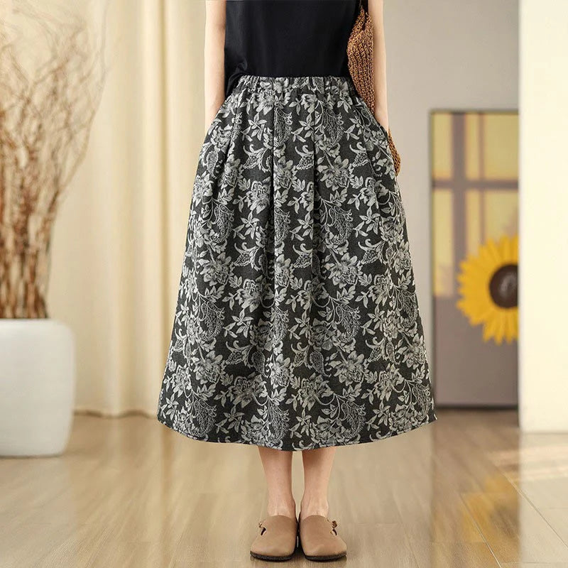 Buddha Stones Printing Flower Paisley Pattern A-line Elastic Waist Cotton Women's Skirt With Pockets