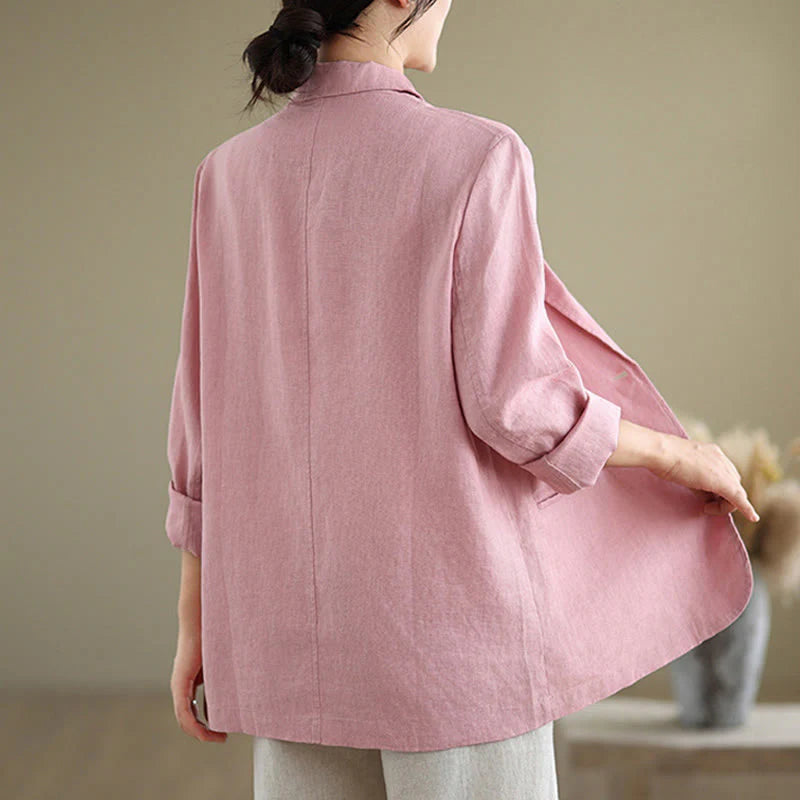 Buddha Stones Spring Solid Color Long Sleeve Cotton Linen Women's Jacket With Pockets