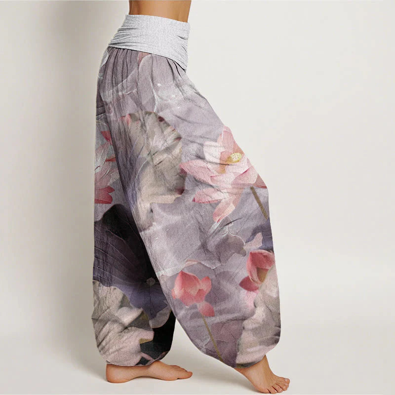Buddha Stones Cotton Casual Lotus Petal Pond Pattern Women's Elastic Waist Harem Pants