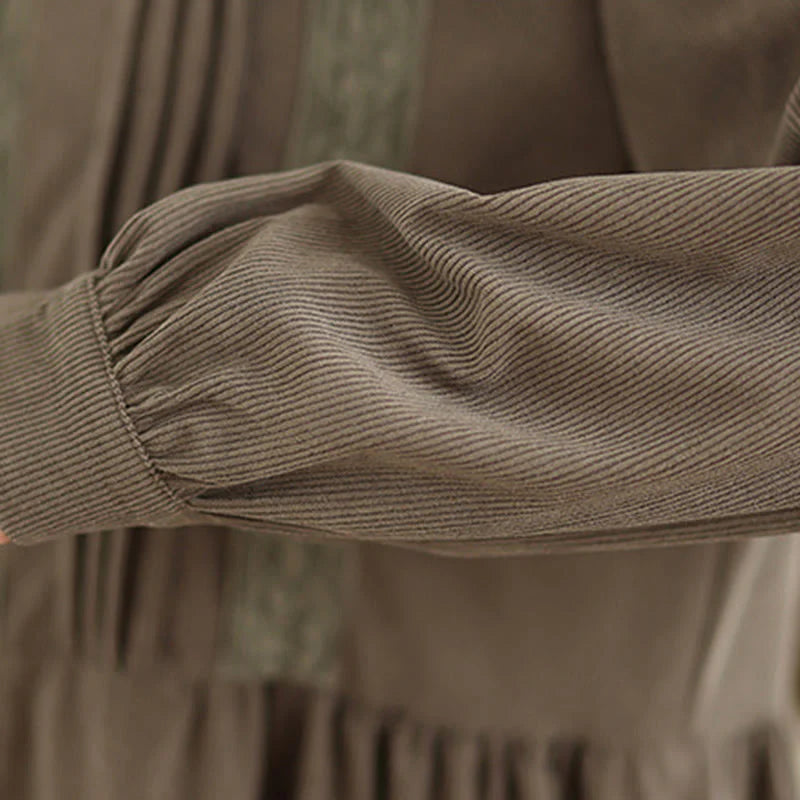 Buddha Stones Winter Pleated Buttons Down Long Sleeve Corduroy Women's Midi Dress With Pockets