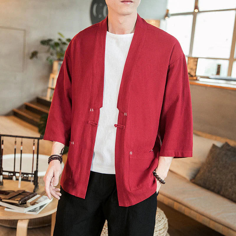Buddha Stones Plain Chinese Frog-Button Jacket Cotton Linen Men's Three Quarter Sleeve Kimono