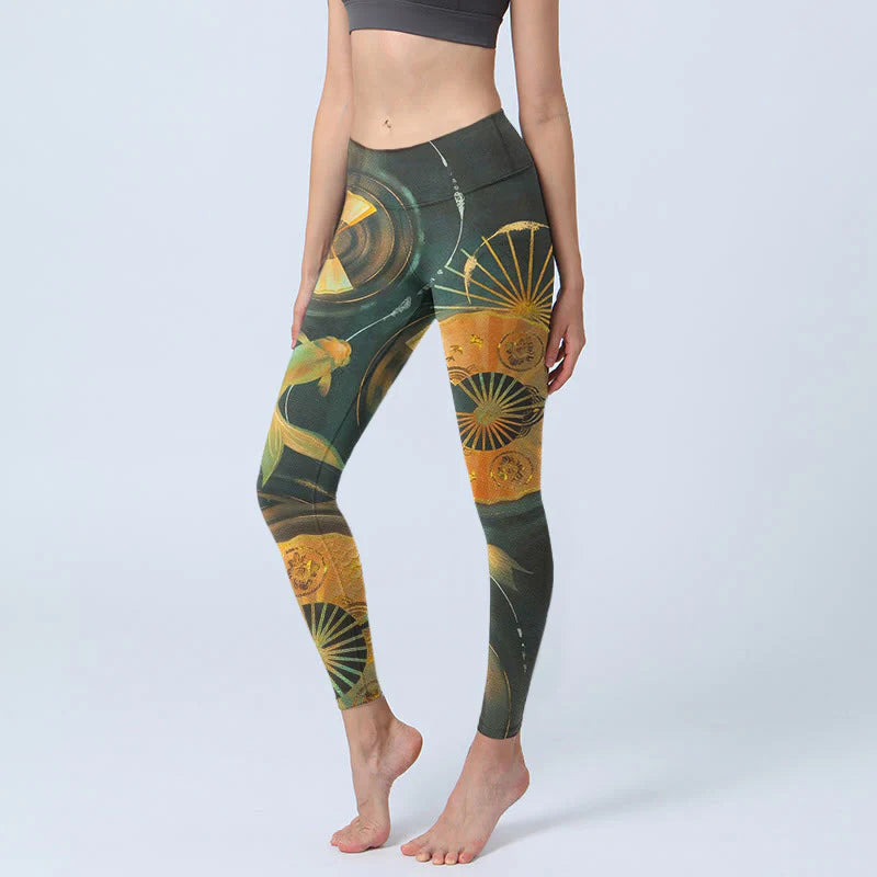 Buddha Stones Gorgeous Folding Fan Koi Fish Print Gym Leggings Women's Yoga Pants