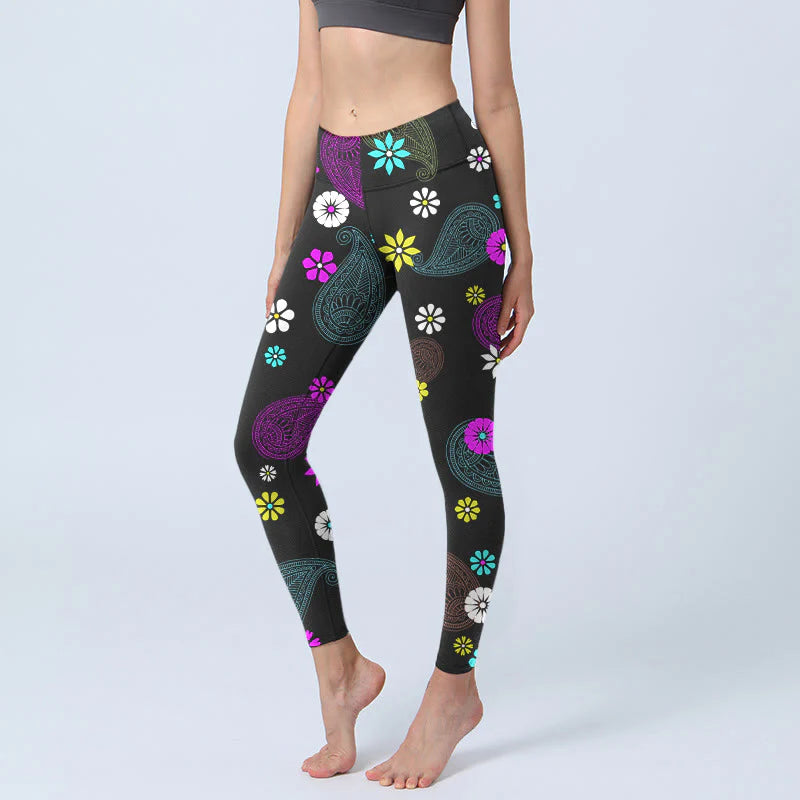 Buddha Stones Colorful Cashew Flower Print Gym Leggings Women's Yoga Pants