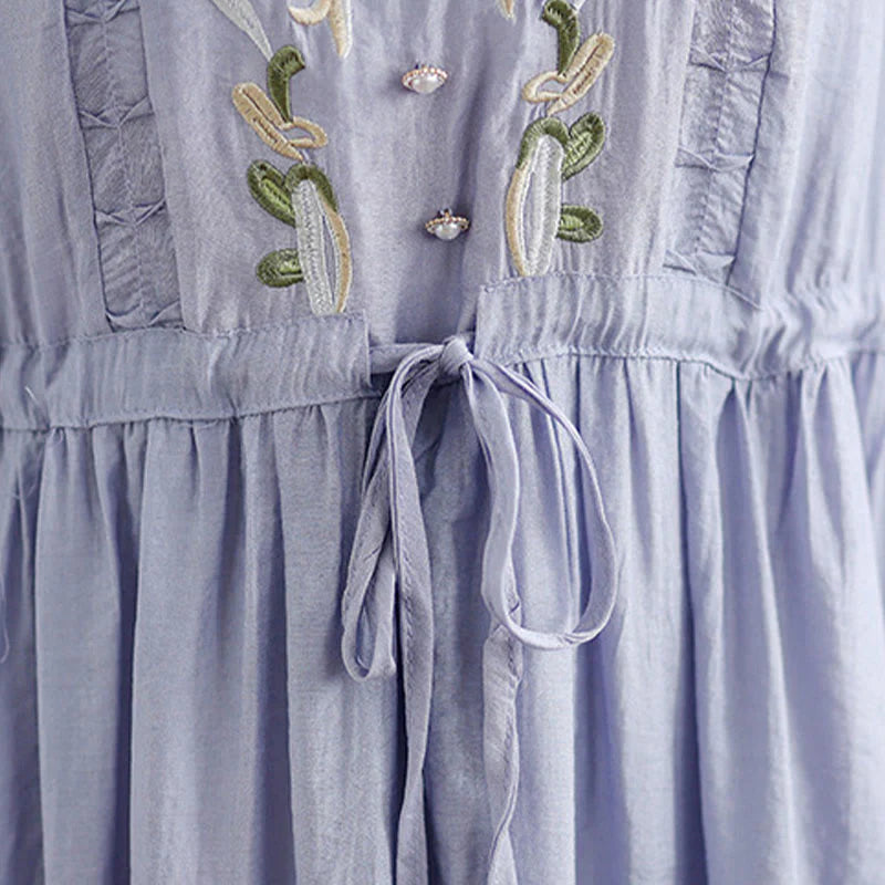 Buddha Stones Spring Floral Embroidery V Neck Tie Waist Elbow-Length Sleeve Women's Dress With Pockets
