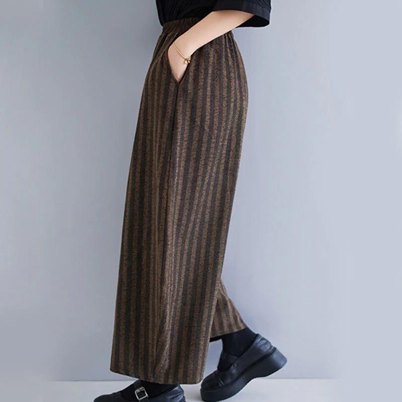 Buddha Stones Casual 7-8 Length Corduroy Stripes Women's Polyester Wide Leg Pants With Pockets