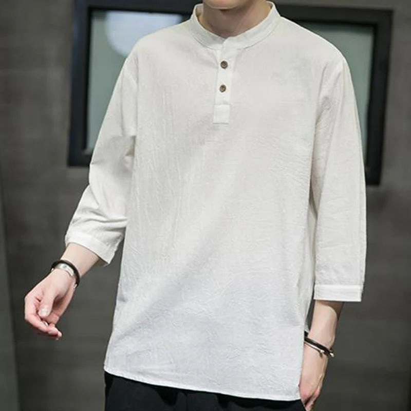 Buddha Stones Vintage Causal Pure Color Stand Collar Men's Three Quarter Sleeve Cotton Linen Shirt