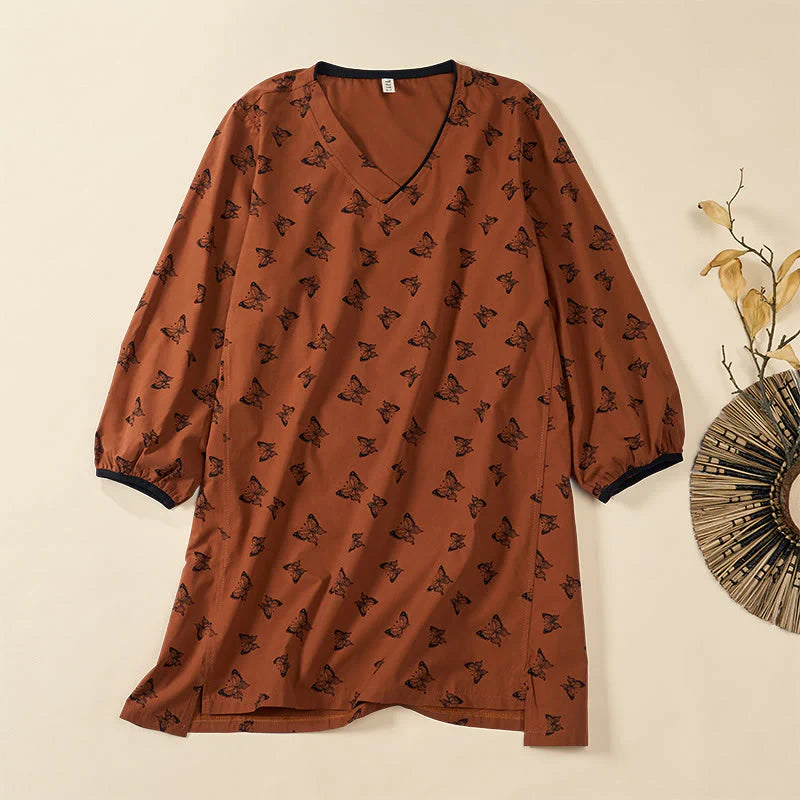 Buddha Stones Butterfly Pattern V-Neck Long Sleeve Women's Polyester Shirt