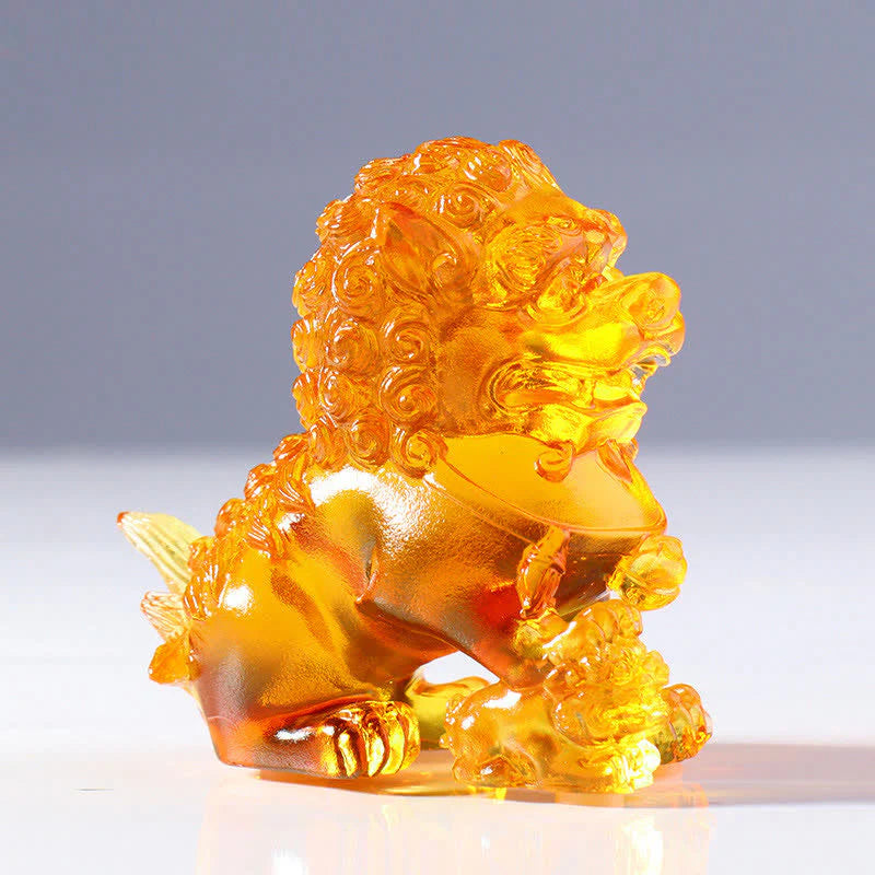 Buddha Stones Handmade Liuli Crystal Lion Art Piece Strength Home Office Decoration