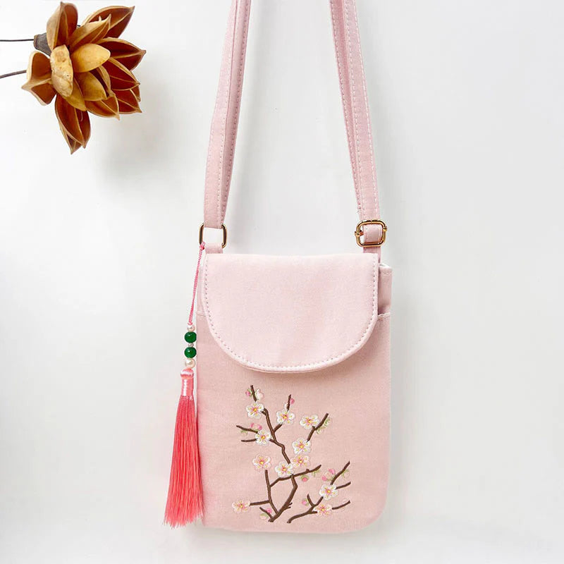 Buddha Stones Small Embroidered Flowers Crossbody Bag Shoulder Bag Double Layer Cellphone Bag