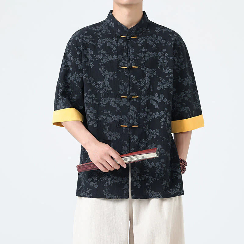 Buddha Stones Summer Peach Blossoms Pattern Chinese Frog-Button Cotton Linen Short Sleeve Men's Shirt