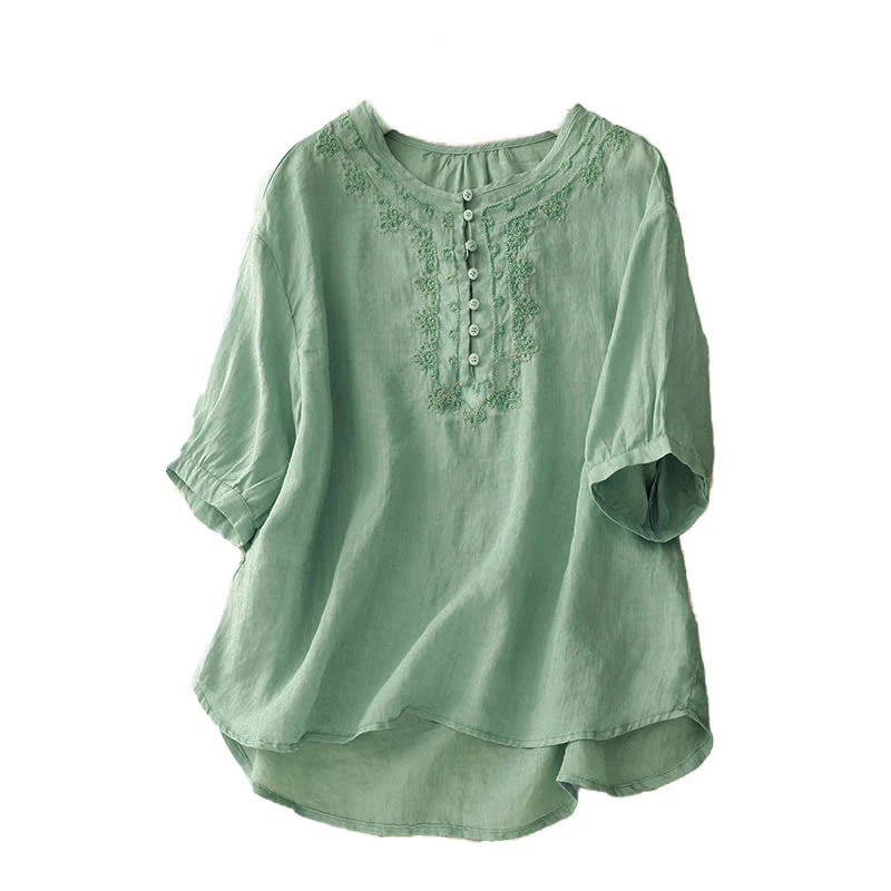 Buddha Stones Casual Women's Plain Frog Buckle Design Half Sleeve Shirt