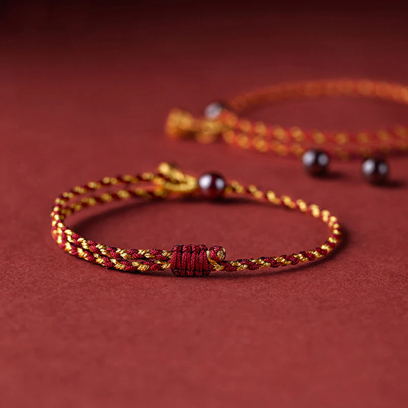 Buddha Stones Handcrafted Red Gold Rope Lotus Peace And Joy Charm Braid Bracelet