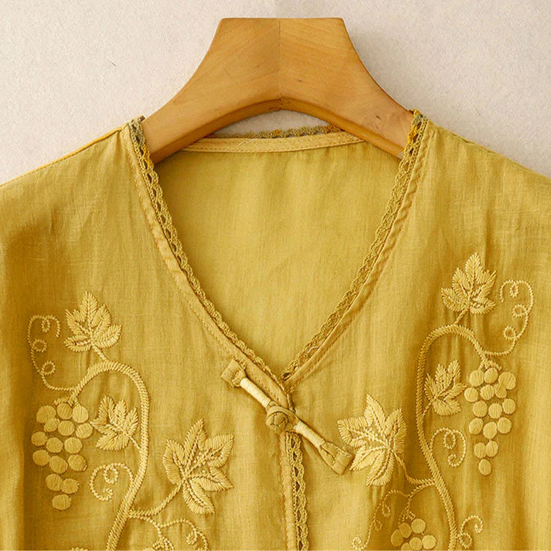 Buddha Stones Embroidered Grapes Pattern Lace Design Frog-Button Three Quarter Sleeve Women's Cotton Shirt