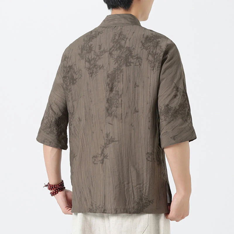 Buddha Stones Summer Pine Needles Pattern Short Sleeve Frog-Button Design Men's Shirt