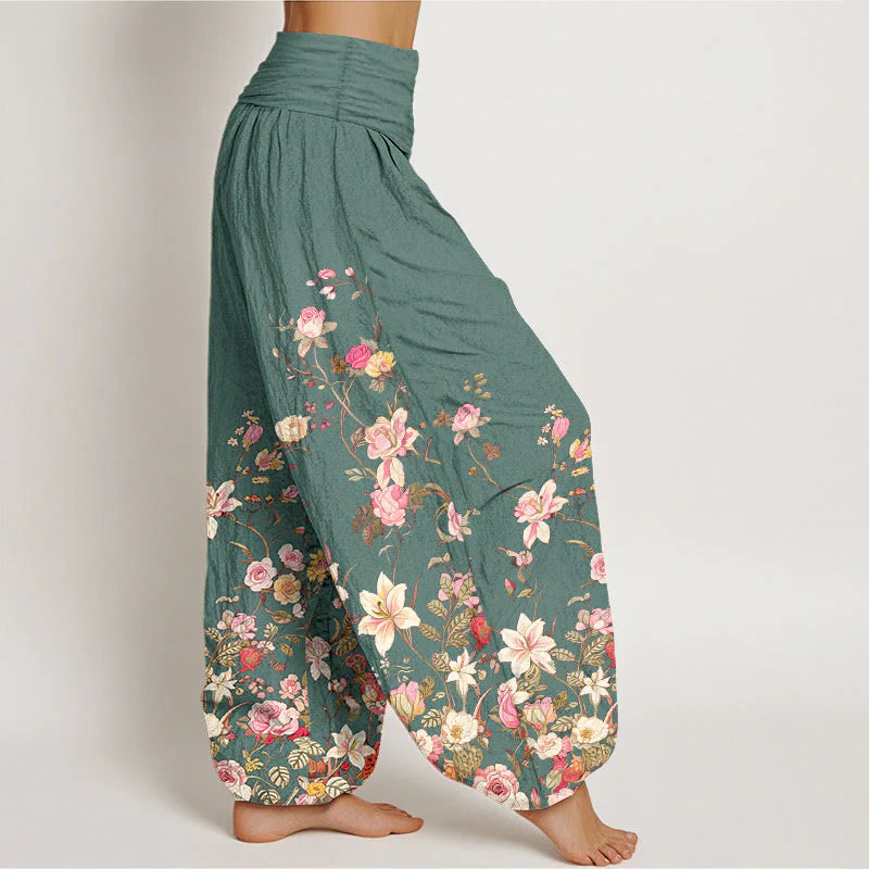 Buddha Stones Pure Cotton Exquisite Colorful Flower Pattern Women's Elastic Waist Harem Pants