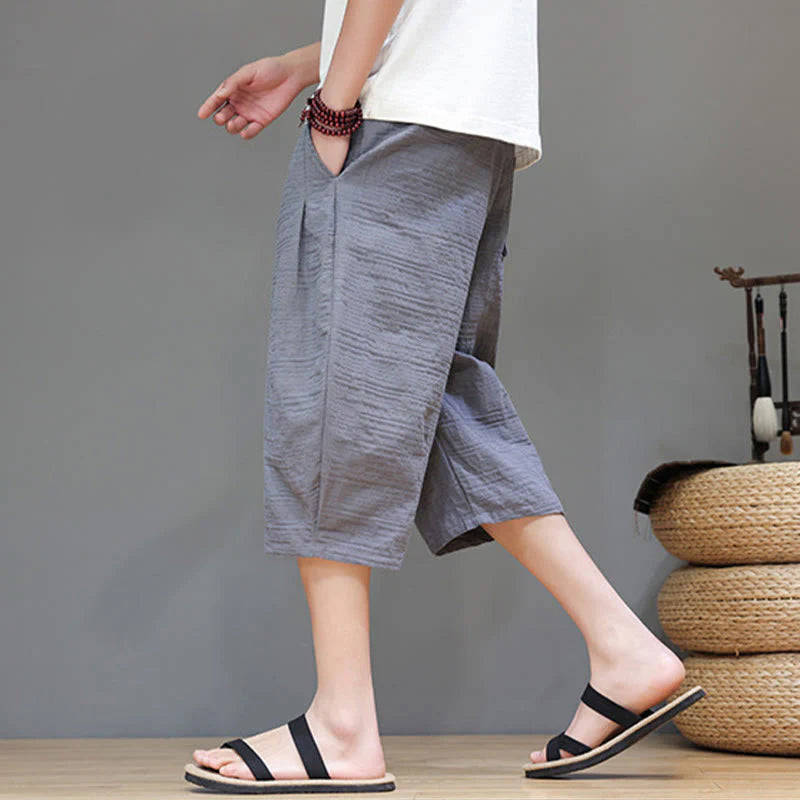 Buddha Stones Vintage Jacquard Solid Color Drawstring Cropped Cotton Linen Men's Harem Pants With Pockets