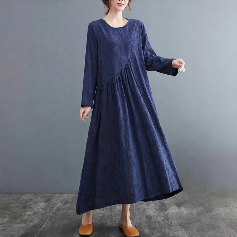 Buddha Stones Smiple Jacquard Pattern Long Sleeve Cotton Linen Women's Midi Dress With Pockets