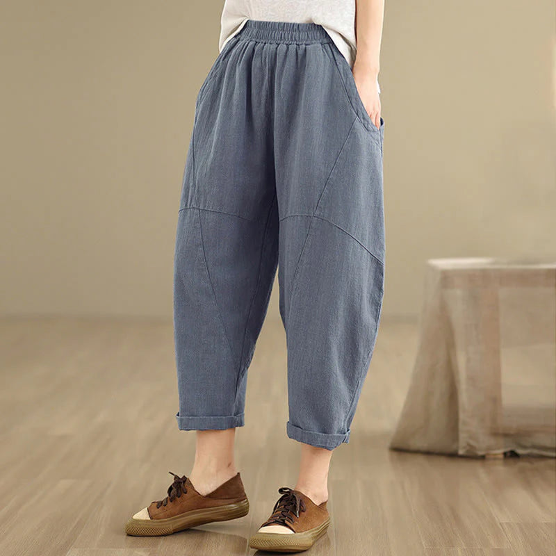 Buddha Stones Spring 7-8 Length Solid Color Women's Cotton Linen Harem Pants With Pockets