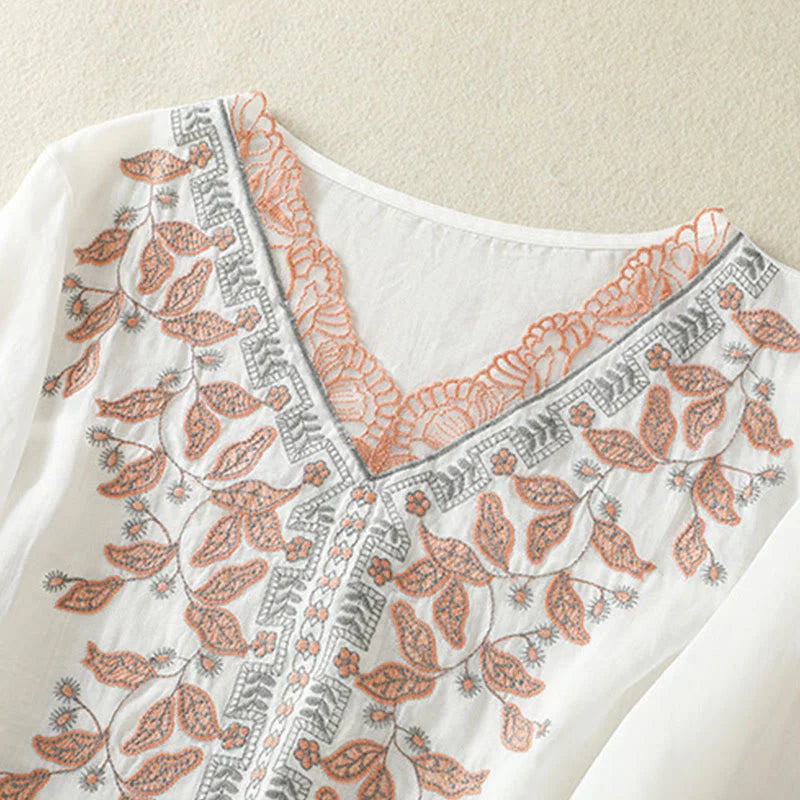Buddha Stones Embroidered Lace Casual Women's Cotton Linen Half Sleeve T-shirt