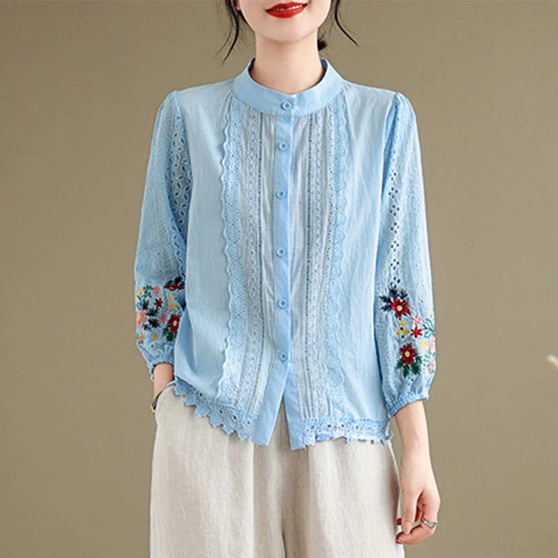 Buddha Stones Fall Lace Embroidery Flower Leaf Pattern Stand Collar Buttons Women's Long Sleeve Shirt