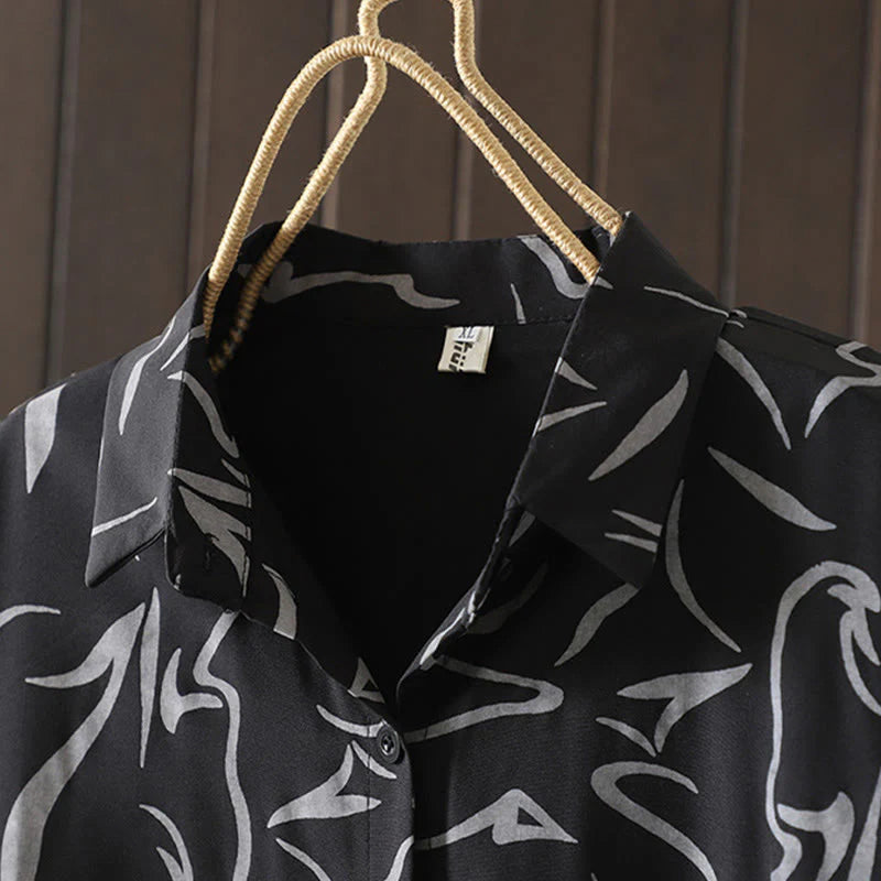 Buddha Stones Spring Fall Stand Collar Line Pattern Long Sleeve Women's Cotton Polyester Shirt