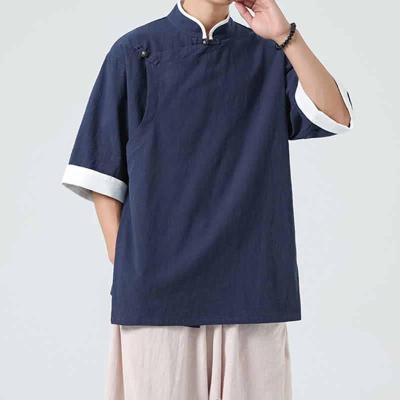 Buddha Stones Vintage Spring Color Matching Collar Slanted Placket Design Men's Half Sleeve Cotton Linen Shirt