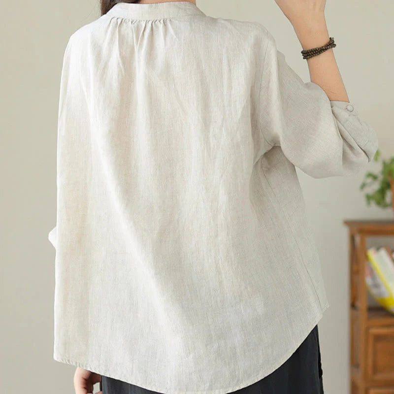 Buddha Stones Fall Casual Solid Color Stand Collar Long Sleeve Cotton Linen Women's Shirt