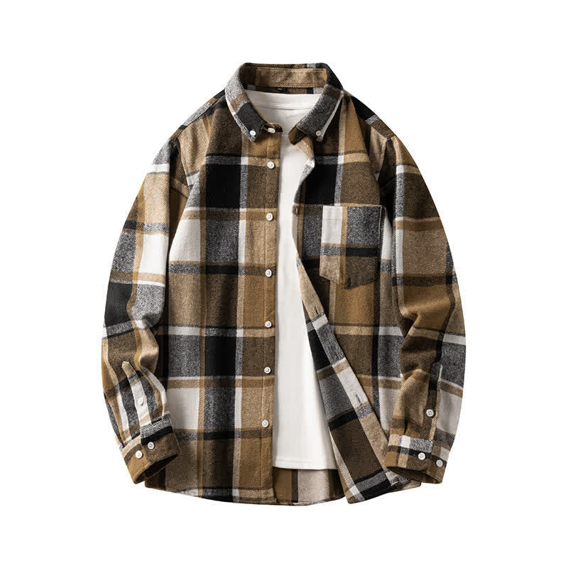 Buddha Stones Commute Multicolor Plaid Button Men's Cotton Long Sleeve Shirts With Pocket