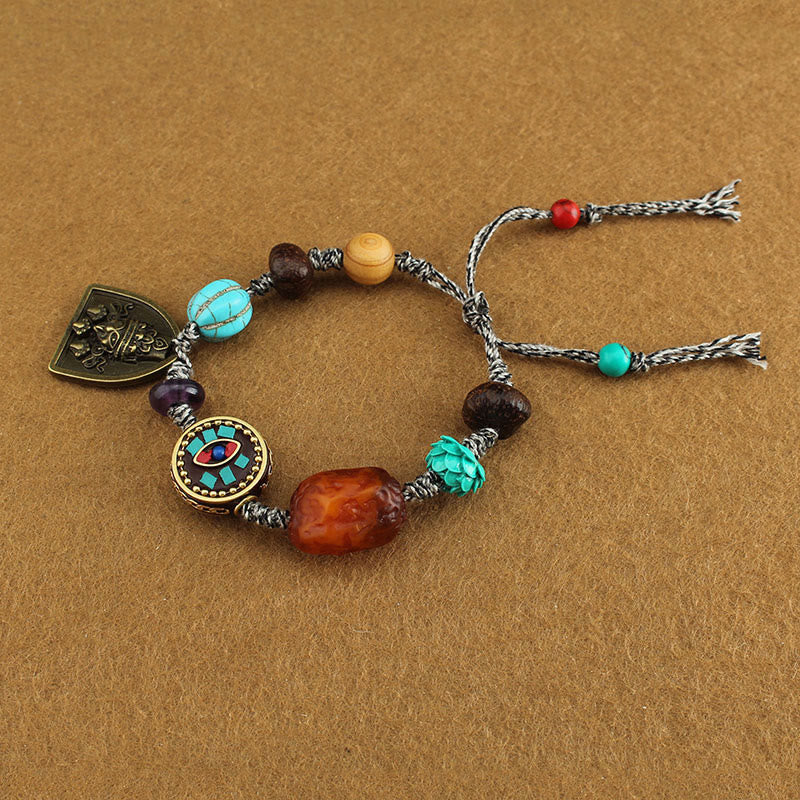 Buddha Stones Tibetan Buddha's Eye Turquoise Lotus Zakiram Protection Rope Bracelet