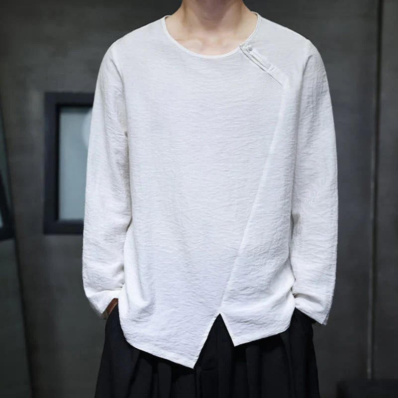 Buddha Stones Solid Color Loose Long Sleeve Round Neck Men's Shirts