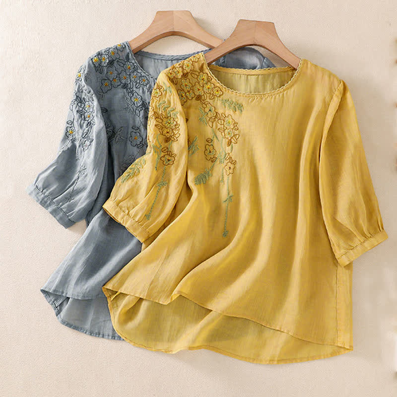 Buddha Stones Retro Embroidery Floral Pattern Short Sleeve Crew Neck Women's Shirt