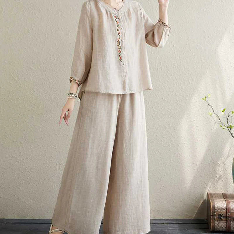 Buddha Stones 2Pcs Cotton Embroidery Flowers Shirt Top Pants Meditation Zen Tai Chi Clothing Women's Set