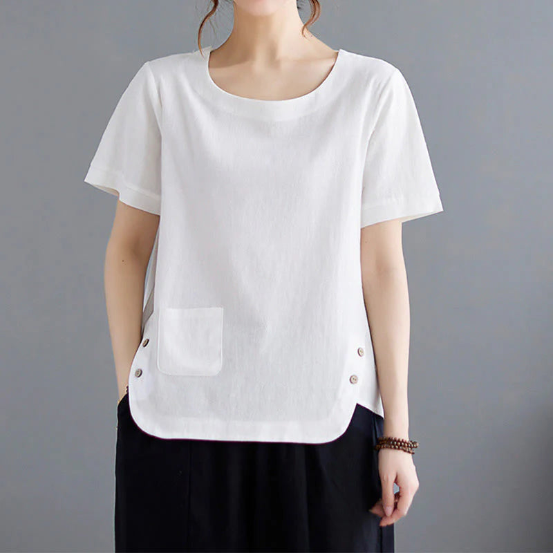 Buddha Stones Side Slit Design Women's Cotton Linen Crew Neck Short Sleeve T-Shirt Wtih Pocket