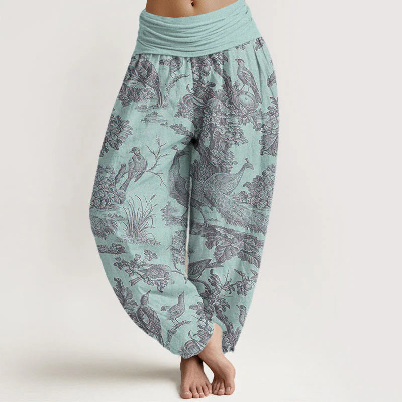 Buddha Stones Cotton Birds Trees Branches Pattern Women's Elastic Waist Harem Pants