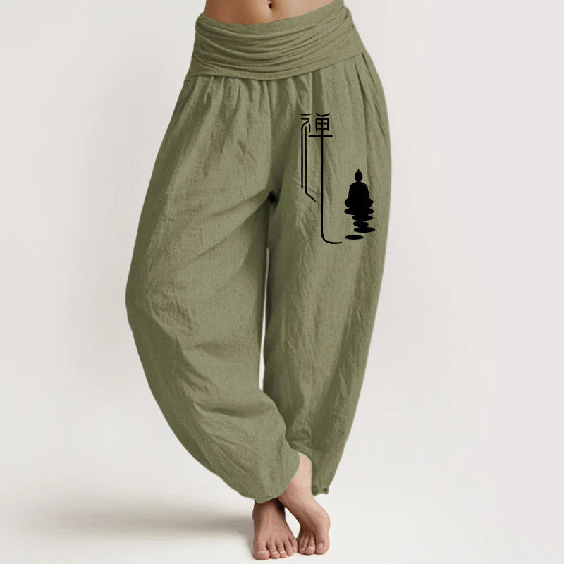 Buddha Stones Zen Buddhist Pattern Women's Elastic Waist Harem Cotton Pants