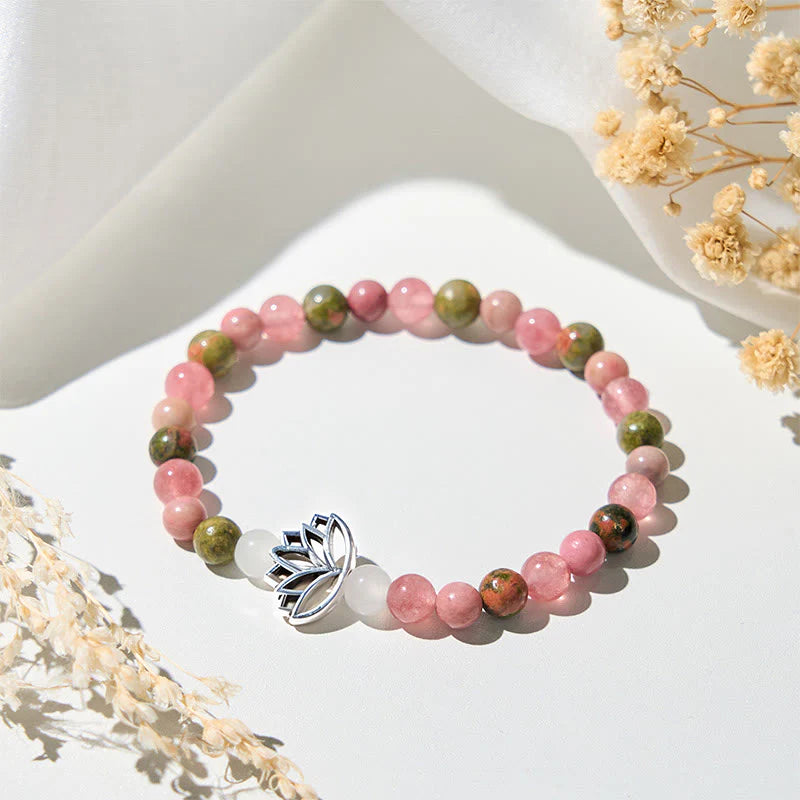 Buddha Stones Rhodonite Unakite Beads Lotus Healing Bracelet