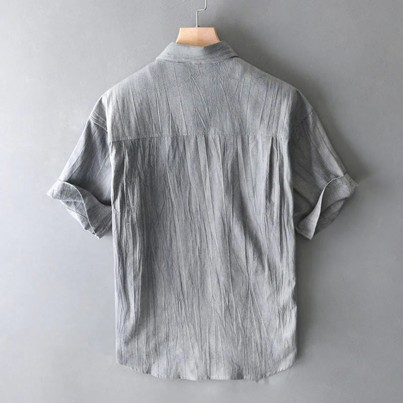 Buddha Stones Summer Solid Pleated Design Men's Half Button Short Sleeve Cotton Ramie Shirt