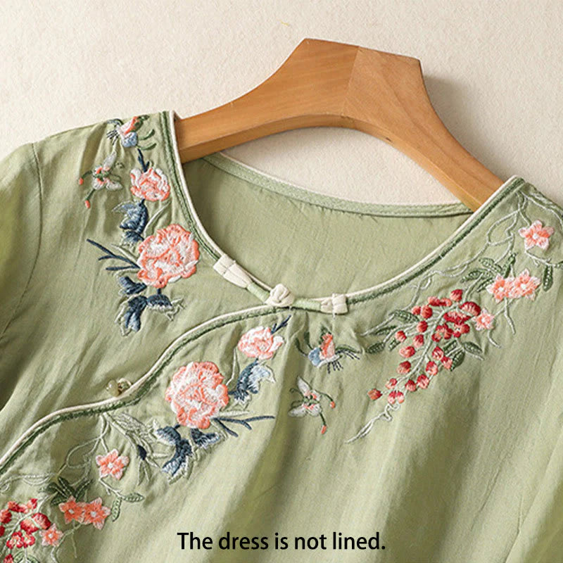Buddha Stones Embroidery Flower Hem Slit Design Half Sleeve Cotton Linen Zen Midi Dress