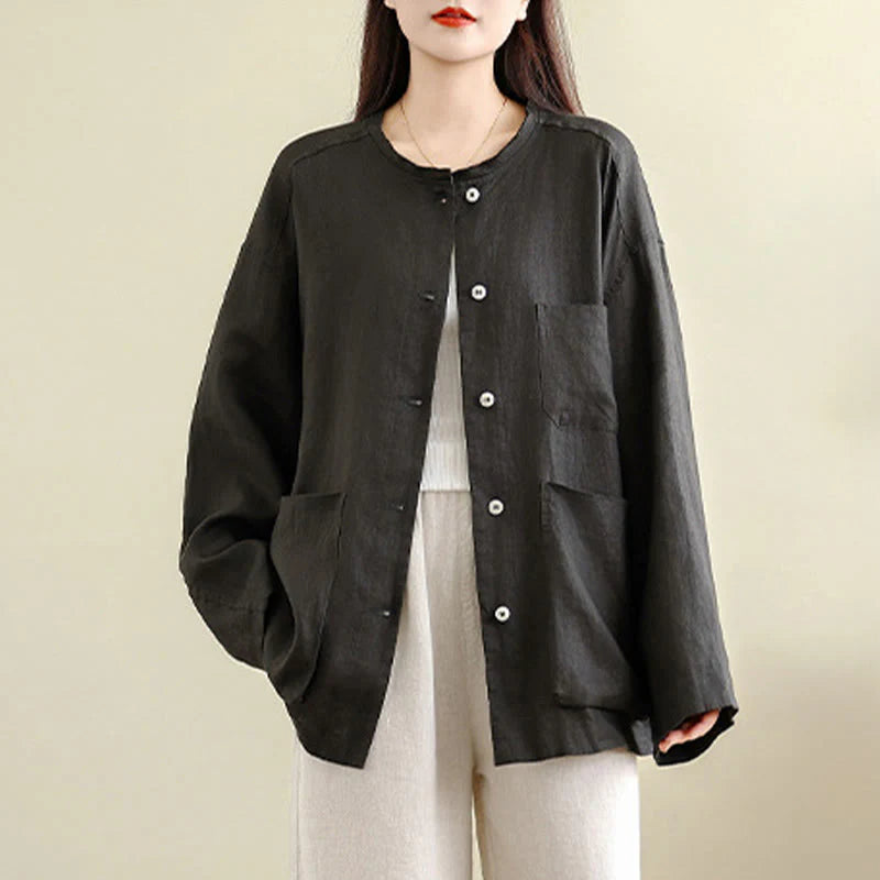Buddha Stones Spring Crew Neck Long Sleeve Plain Women's Cotton Buttons Shirt With Pockets