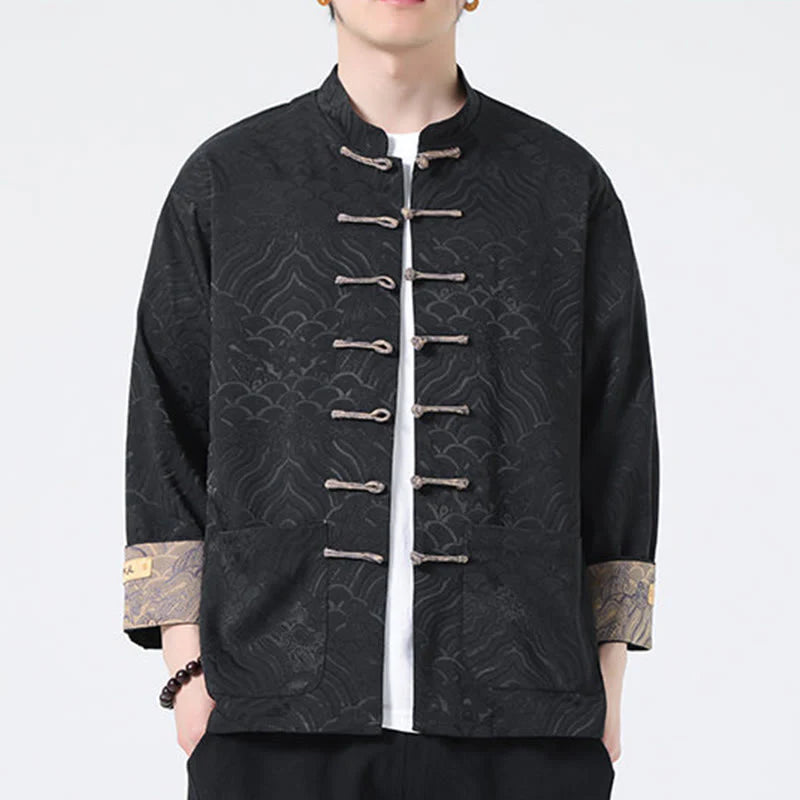 Buddha Stones Frog-Button Mountain Wave Pattern Long Sleeve Men's Cotton Jacket With Pockets